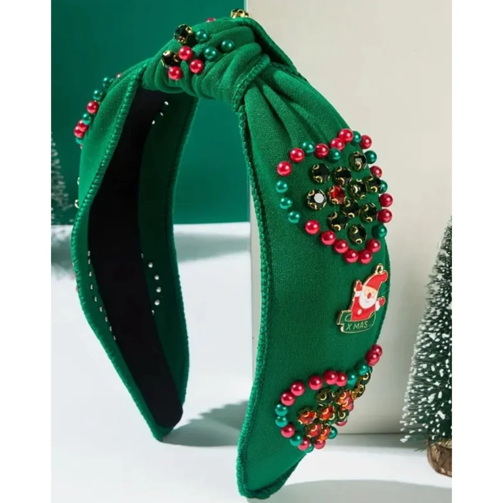 Christmas Heart Beaded Top Knot Headband with Santa Charms and Rhinestone - Picture 3 of 4